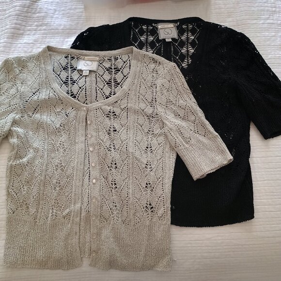 EUC Lot of 2 St. John Couture Open Knit Half Sleeve Pearl Button Cropped Sweater